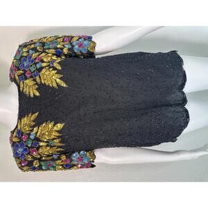 VTG 90s Women’s S Stenay Silk Beaded Sequin Floral Top Evening Glam Mob Wife